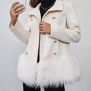 FLUFFY LUXURY Double-Breasted Cream Fur Trimmed Women's Coat S M L